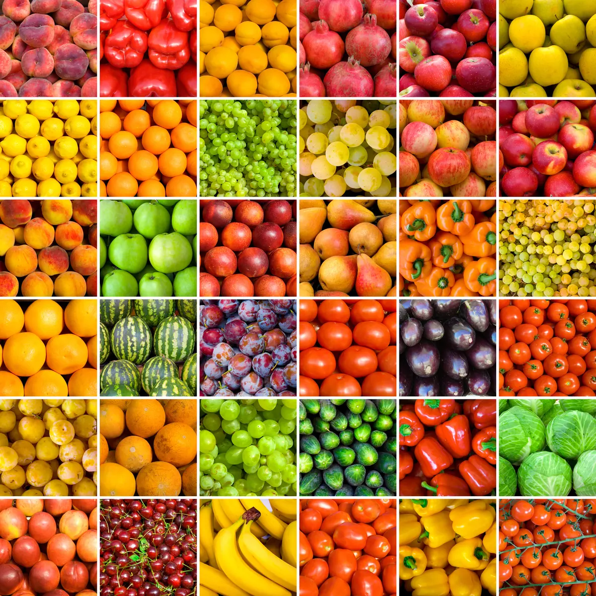 A grid of fruit and vegetables arranged in even squares